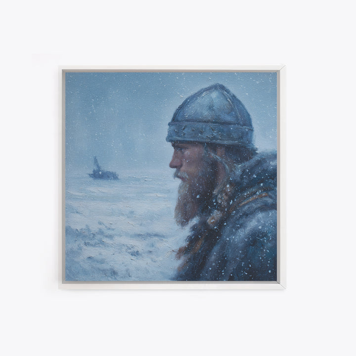 Snowy Viking Warrior Profile Wall Art, Nordic Winter Seascape Oil Painting, Norse Mythology Decor, Masculine Art Print Gift