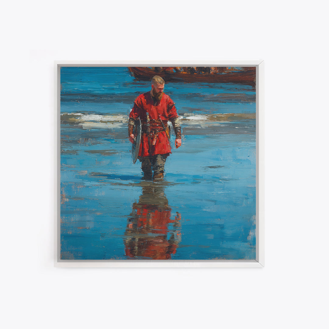 Red Viking Warrior On Shore Canvas Print, Medieval Seascape Oil Painting, Norse Wall Decor, Coastal Masculine Gift For Him