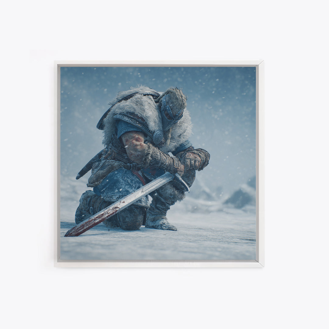 Kneeling Viking Warrior In Snow Framed Canvas Print, Nordic Wall Art, Fantasy Sword Decor, Winter Battle Gift For Him, Man Cave Decor