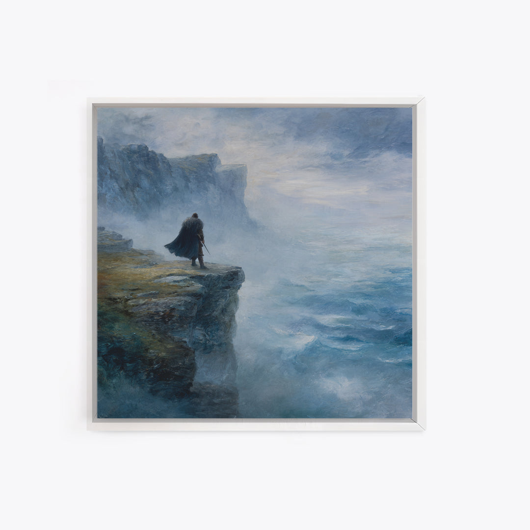 Cloaked Wanderer On Misty Sea Cliff Wall Art, Moody Coastal Landscape Oil Painting, Nordic Fantasy Home Decor For Living Room