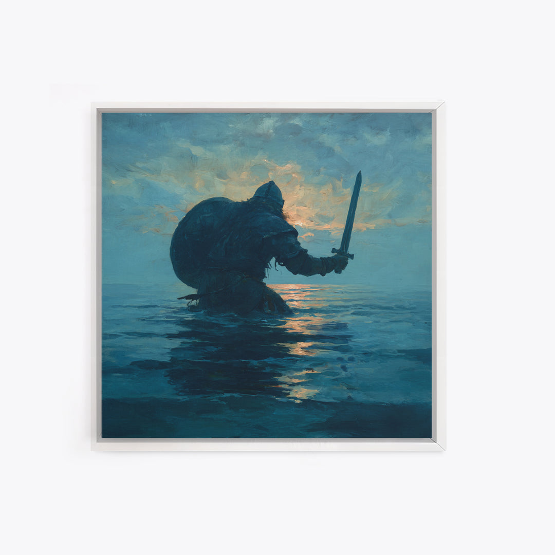 Lone Warrior Rising From The Sea Wall Art, Blue Ocean Sword Painting, Mythic Coastal Canvas Print For Dramatic Living Room Decor