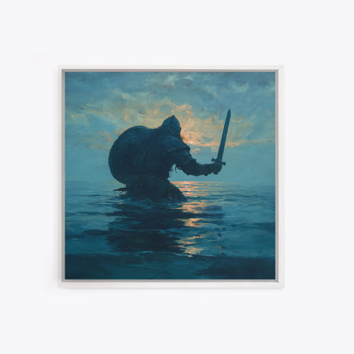 Lone Warrior Rising From The Sea Wall Art, Blue Ocean Sword Painting, Mythic Coastal Canvas Print For Dramatic Living Room Decor