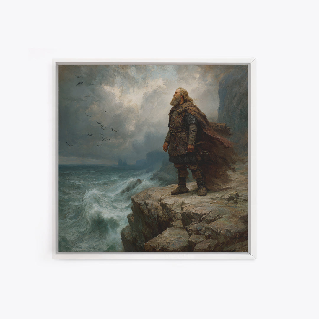 Viking Chieftain On Stormy Sea Cliff Wall Art, Moody Norse Coastal Painting, Dramatic Landscape Art, Masculine Office Decor