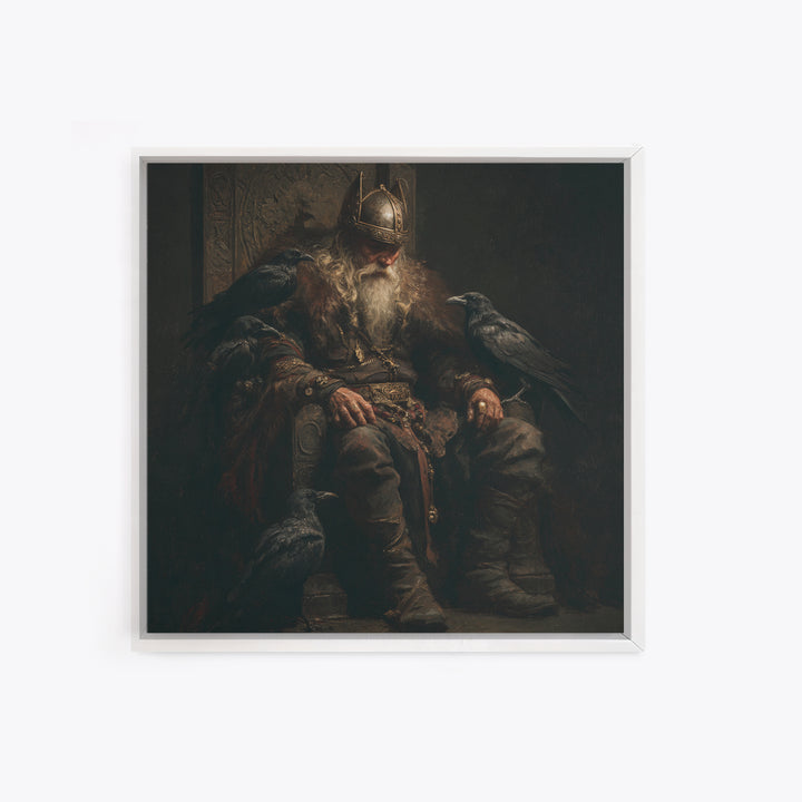 Viking King With Ravens Wall Art, Dark Academia Norse Portrait, Moody Medieval Oil Painting, Gothic Office Decor Gift For Him