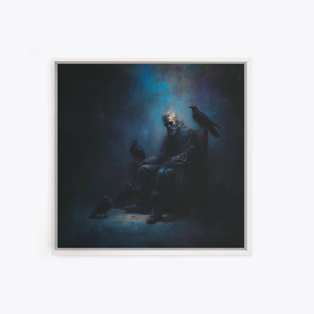 Moody Raven Keeper Portrait Framed Canvas Print, Dark Academia Wall Art, Gothic Crow Oil Painting, Mysterious Office Decor
