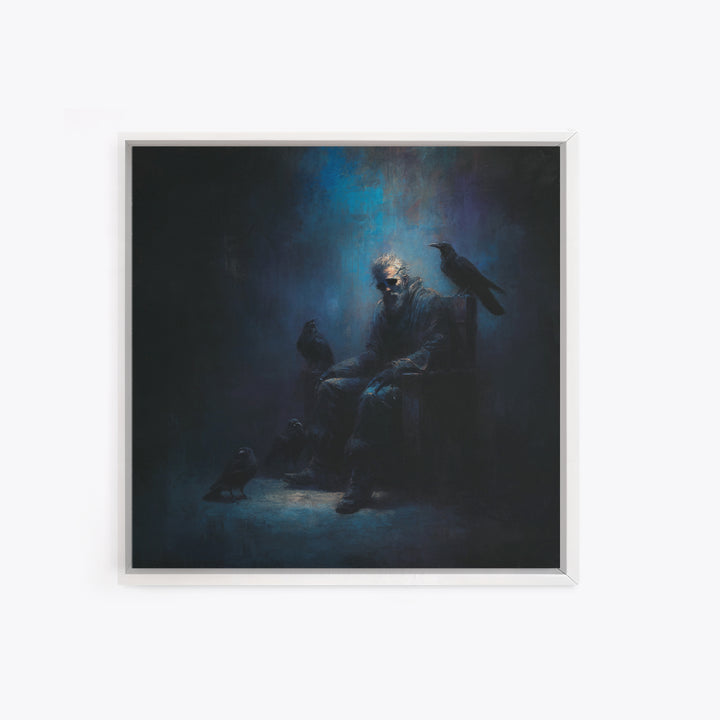 Moody Raven Keeper Portrait Framed Canvas Print, Dark Academia Wall Art, Gothic Crow Oil Painting, Mysterious Office Decor