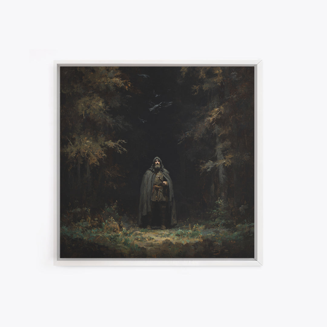 Hooded Wanderer In Dark Forest Wall Art, Raven Gothic Landscape Painting, Moody Fantasy Canvas Print For Dark Academia Decor