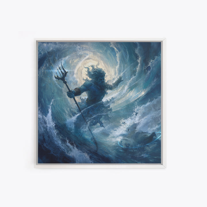 Poseidon Rising From Stormy Ocean Canvas Print, Mythological Wall Art, Nautical Fantasy Decor, Blue Coastal Artwork, Sea God Art
