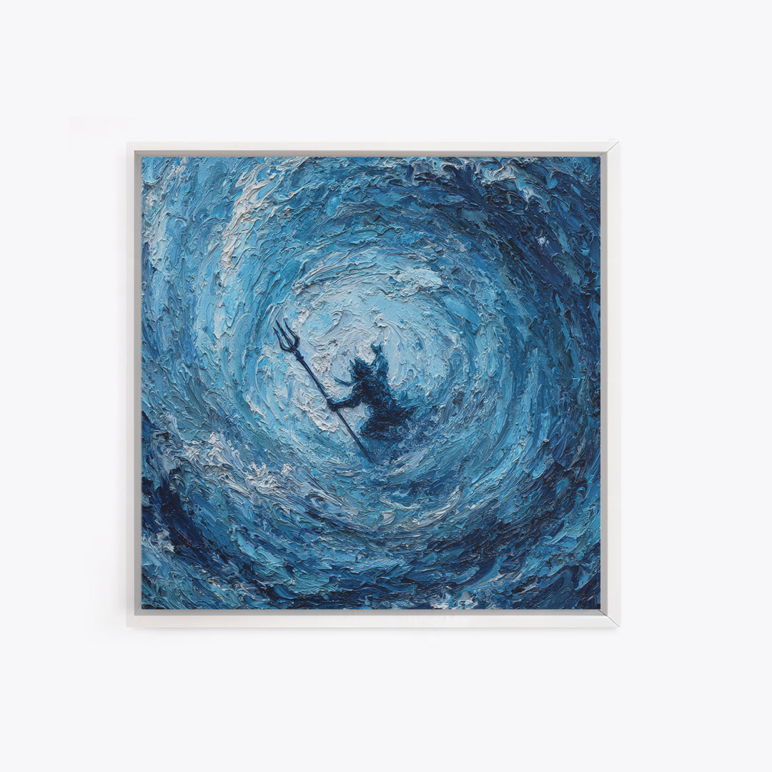 Poseidon In Blue Ocean Vortex Wall Art, Textured Impasto Canvas Print, Mythology Decor, Coastal Abstract Seascape Painting
