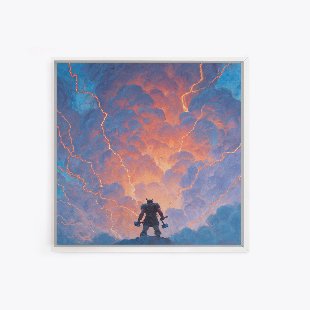 Thor Like Warrior Under Lightning Wall Art, Norse Mythology Storm Painting, Fantasy Canvas Print, Dramatic Game Room Decor