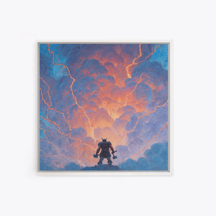 Thor Like Warrior Under Lightning Wall Art, Norse Mythology Storm Painting, Fantasy Canvas Print, Dramatic Game Room Decor