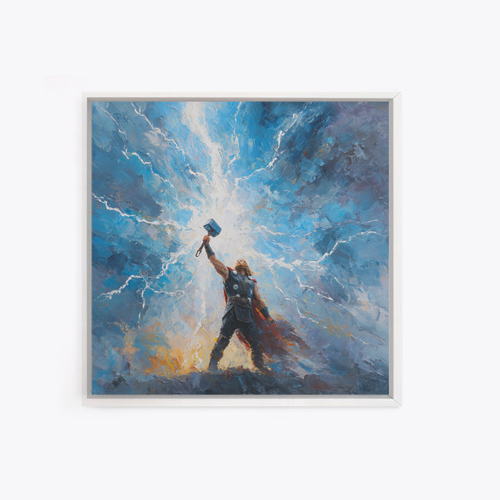 Thunder God Raising Hammer Wall Art, Norse Mythology Canvas Print, Lightning Storm Oil Painting, Viking Decor Gift For Him