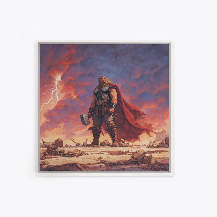 Thunder God With Hammer And Stormy Lightning Sky, Epic Viking Canvas Print, Norse Mythology Wall Art, Fantasy Warrior Decor