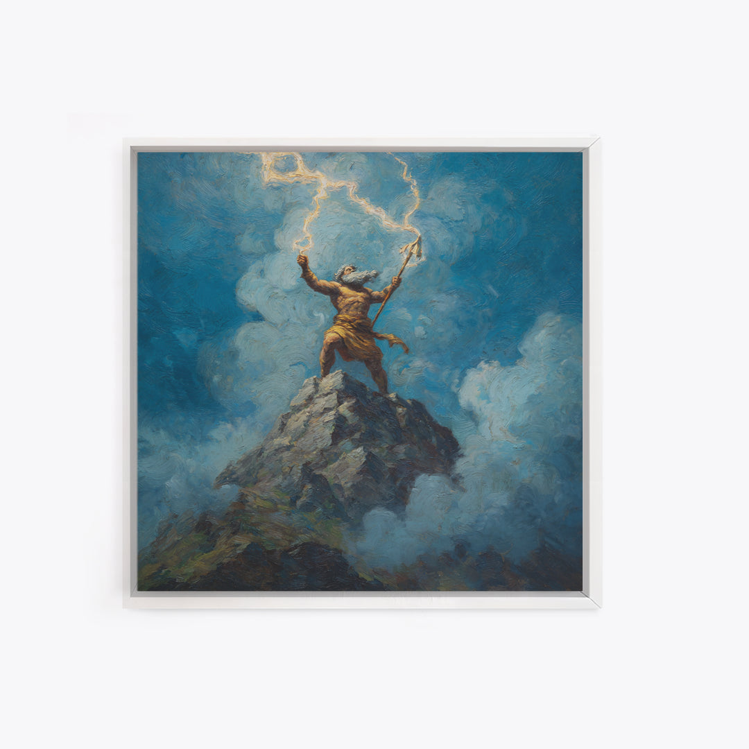 Thunder God Raising Lightning On Mountain Peak Wall Art, Mythological Art Print, Fantasy Art, Dramatic Office Decor, Gift