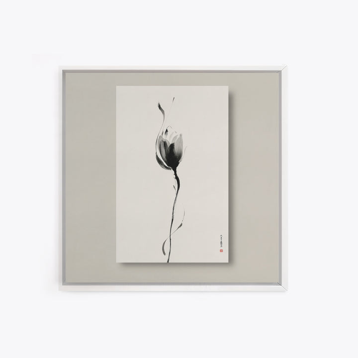 Minimalist Lotus Flower Ink Wall Art Print, Japanese Zen Floral Painting For Bedroom Decor And Modern Neutral Home