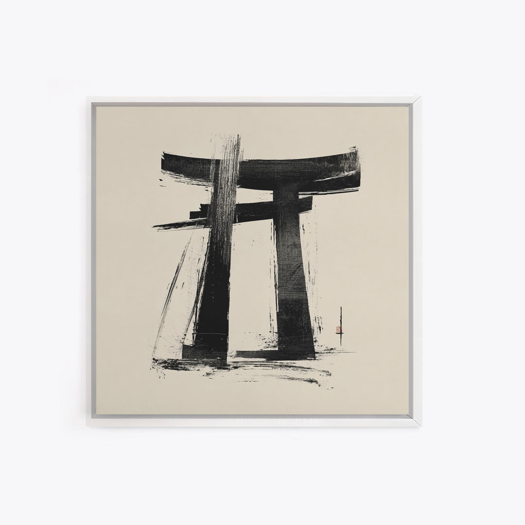 Minimalist Japanese Torii Gate Ink Painting Wall Art, Black And White Zen Decor Framed Canvas Print