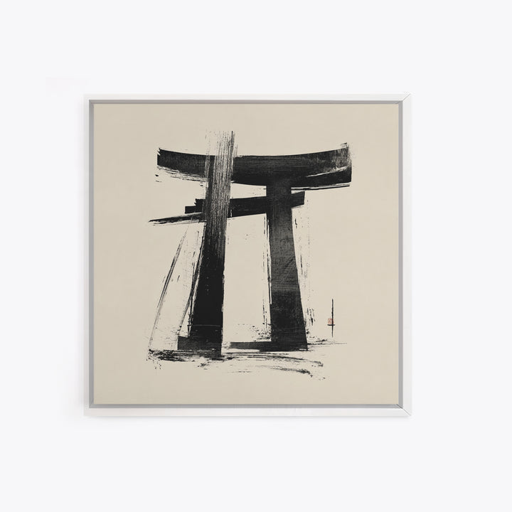 Minimalist Japanese Torii Gate Ink Painting Wall Art, Black And White Zen Decor Framed Canvas Print