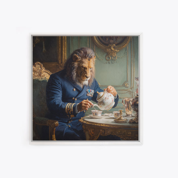 Lion Admiral Pouring Tea Wall Art, Whimsical Animal Portrait, Royal Navy Home Decor, Maximalist Canvas, Unique Gift For Him