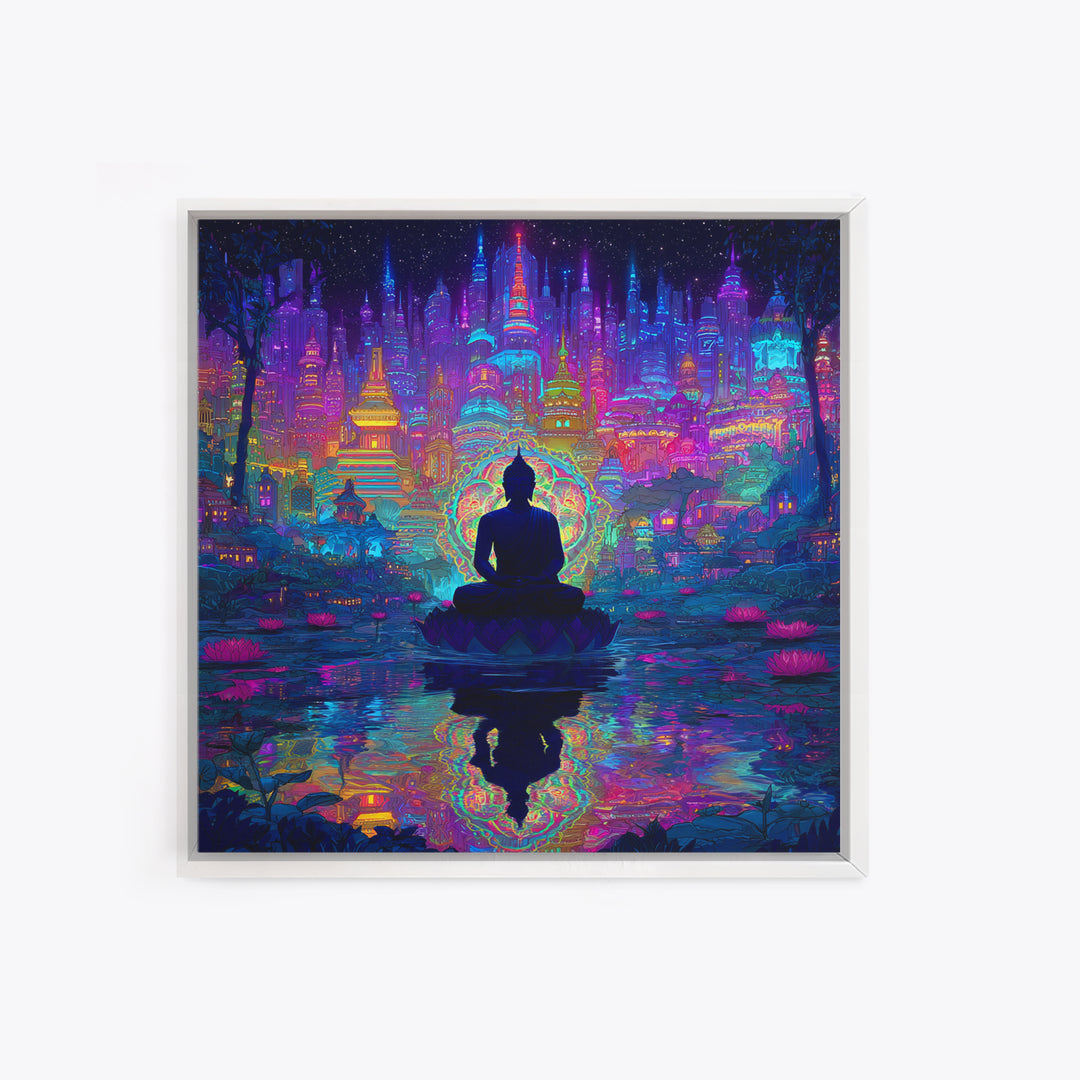 Neon Buddha Cityscape Meditation Wall Art, Spiritual Cyberpunk Canvas Print, Colorful Zen Meditation Room Decor