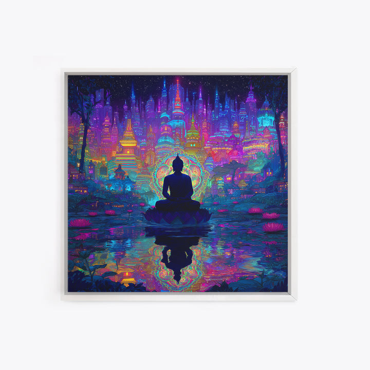 Neon Buddha Cityscape Meditation Wall Art, Spiritual Cyberpunk Canvas Print, Colorful Zen Meditation Room Decor
