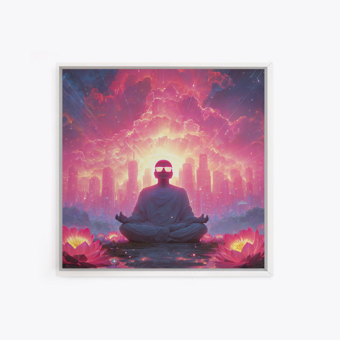 Neon Buddha Cityscape Meditation Wall Art, Psychedelic Lotus Sunset Canvas Print, Futuristic Spiritual Decor For Modern Living Room