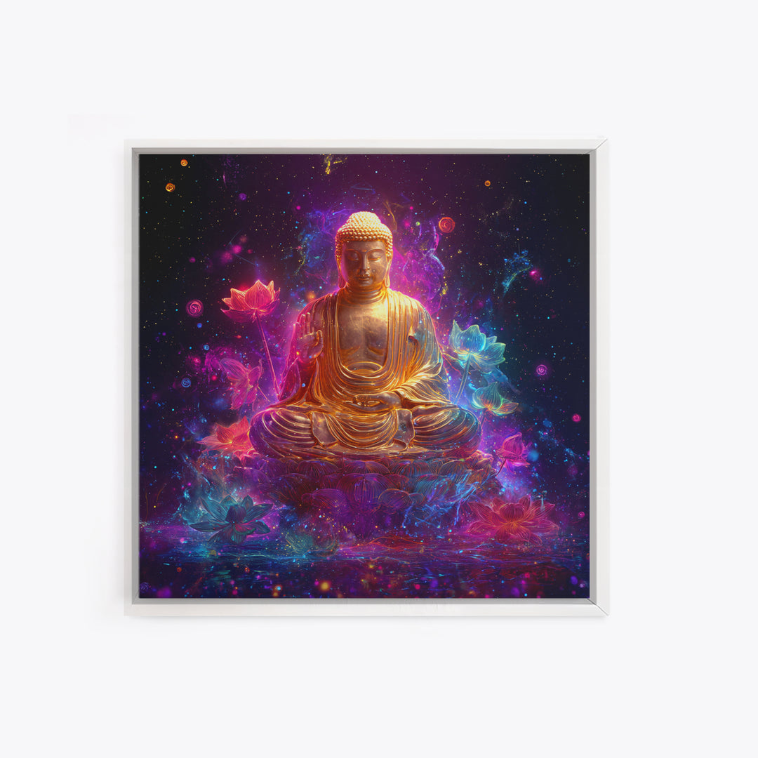 Golden Buddha In Cosmic Lotus Galaxy Wall Art, Celestial Spiritual Decor, Meditation Zen Art Print For Modern Home Decor