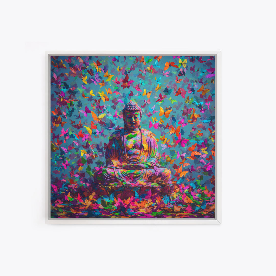Colorful Buddha With Butterflies Wall Art, Spiritual Meditation Print, Psychedelic Boho Decor, Vibrant Zen Wall Art