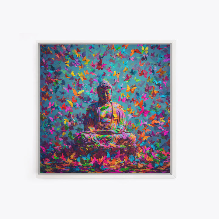 Colorful Buddha With Butterflies Wall Art, Spiritual Meditation Print, Psychedelic Boho Decor, Vibrant Zen Wall Art