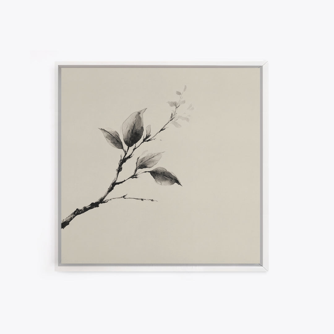 Minimal Ink Botanical Branch Wall Art, Neutral Japandi Nature Print, Calm Wabi Sabi Style Above Bed Framed Canvas Print