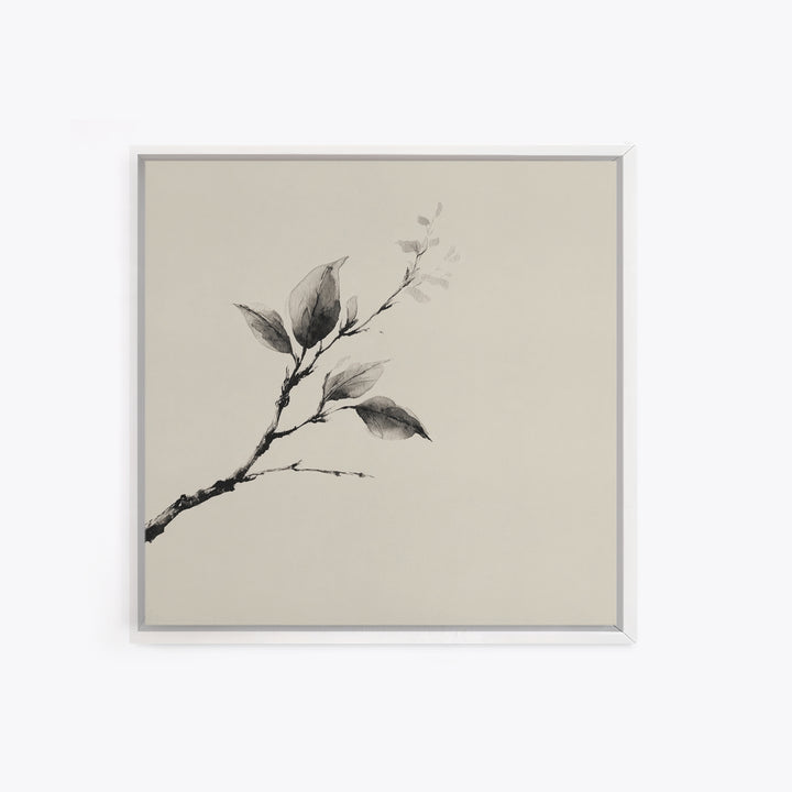 Minimal Ink Botanical Branch Wall Art, Neutral Japandi Nature Print, Calm Wabi Sabi Style Above Bed Framed Canvas Print
