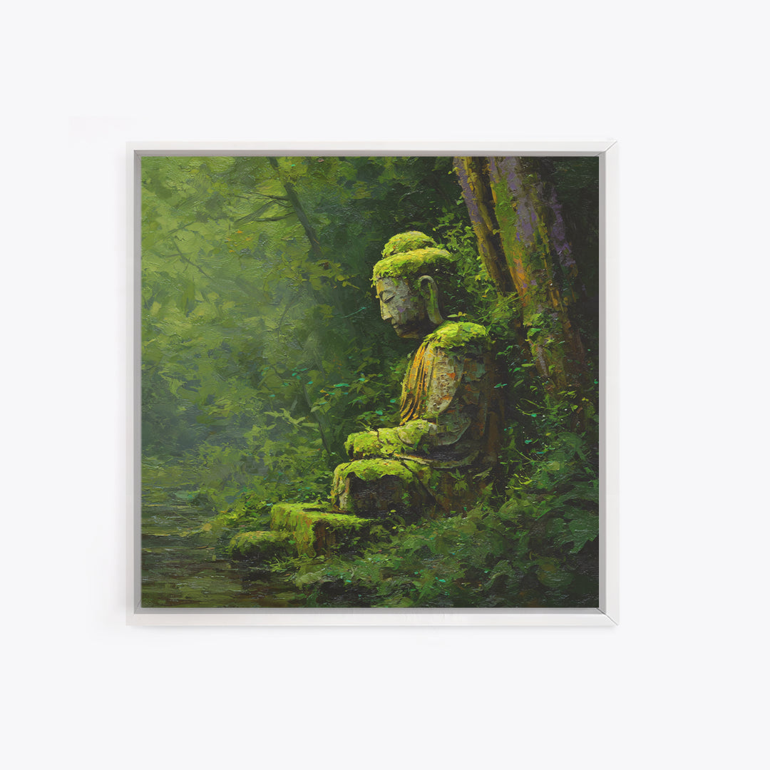 Serene Green Moss Covered Buddha Statue Wall Art Oil Painting Canvas Print For Peaceful Zen Home Decor And Meditation Room Wall