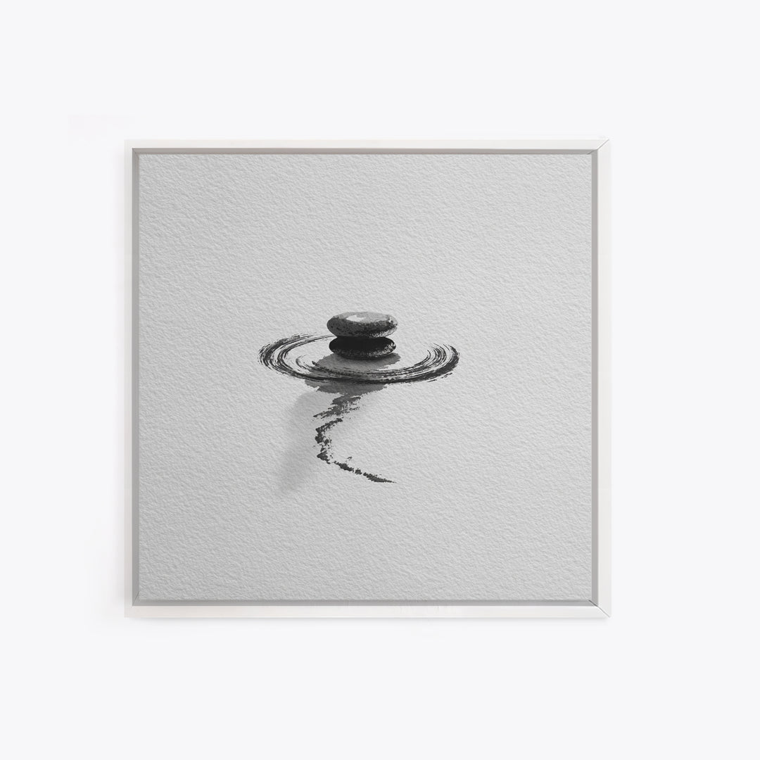 Minimalist Zen Stones Water Ripple Framed Canvas Print Black And White Wall Art Calming Bathroom Decor Modern Spa Wall Art