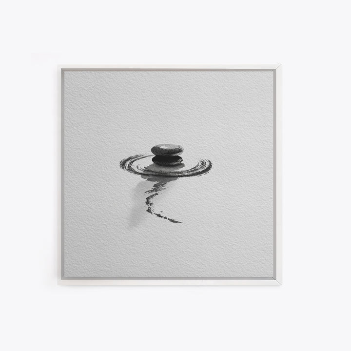 Minimalist Zen Stones Water Ripple Framed Canvas Print Black And White Wall Art Calming Bathroom Decor Modern Spa Wall Art
