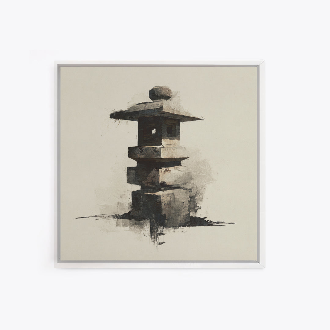Minimal Japanese Stone Lantern Wall Art, Ink Style Zen Painting, Wabi Sabi Neutral Print For Japandi Home Decor And Entryway