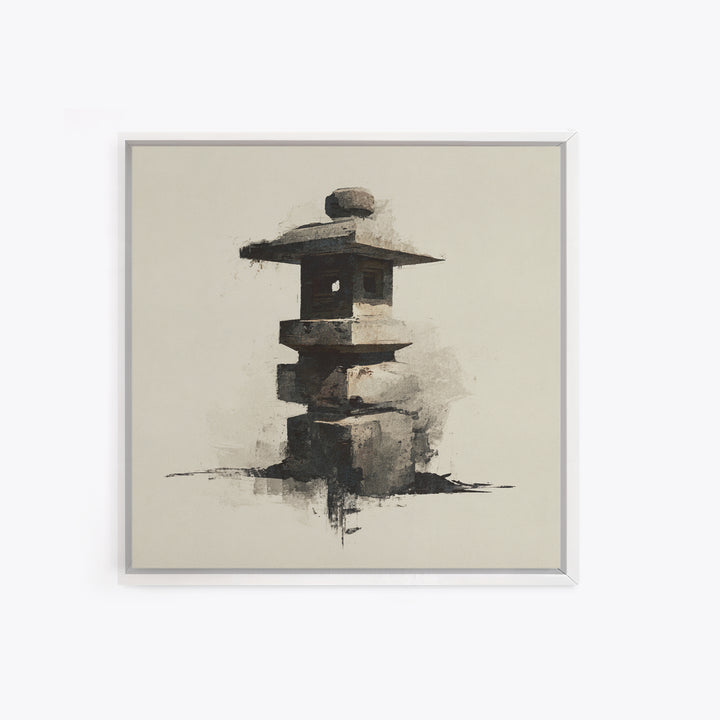 Minimal Japanese Stone Lantern Wall Art, Ink Style Zen Painting, Wabi Sabi Neutral Print For Japandi Home Decor And Entryway