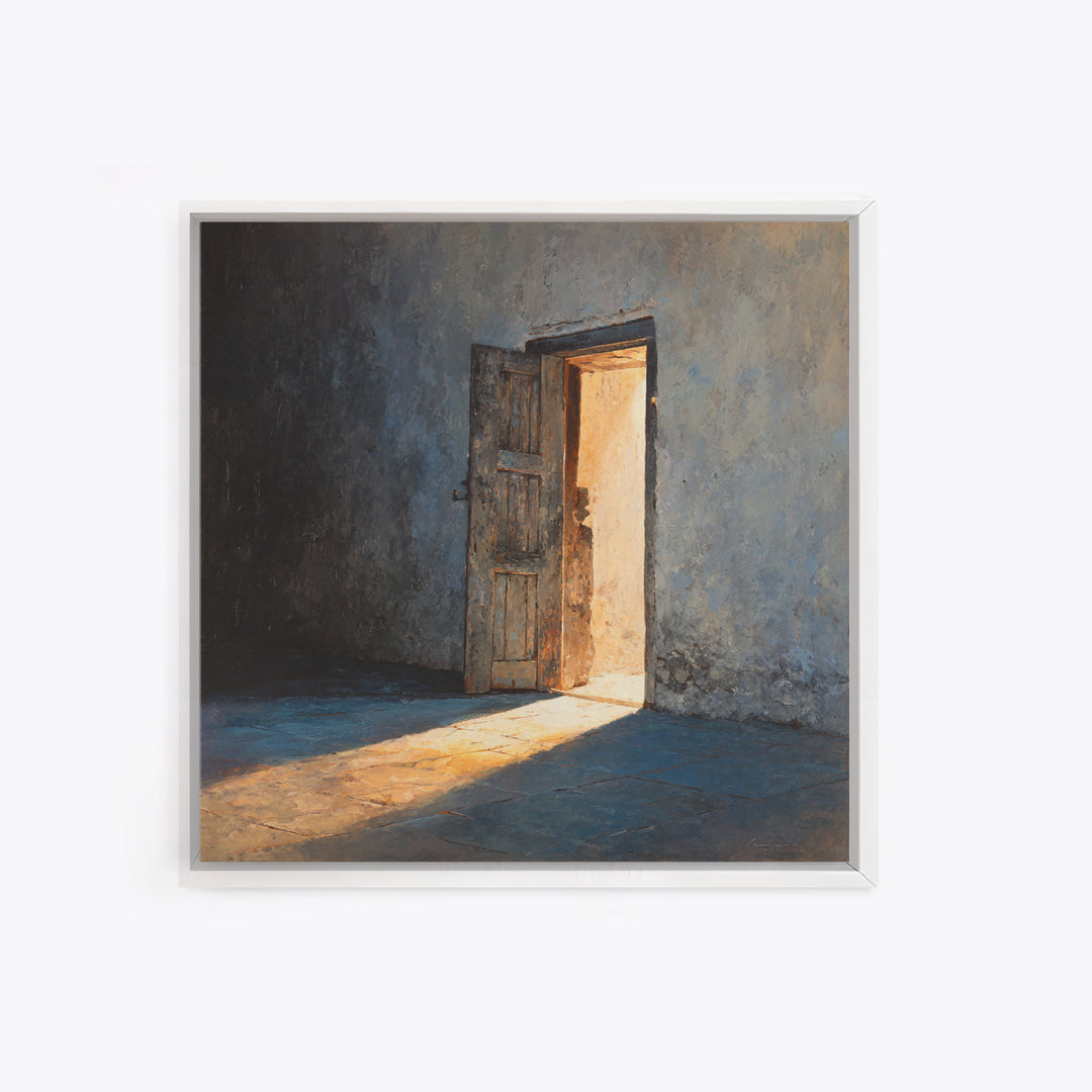 Sunlit Open Door Textured Wall Art Framed Canvas Print, Minimalist Rustic Decor, Moody Wall Art For Entryway Or Living Room