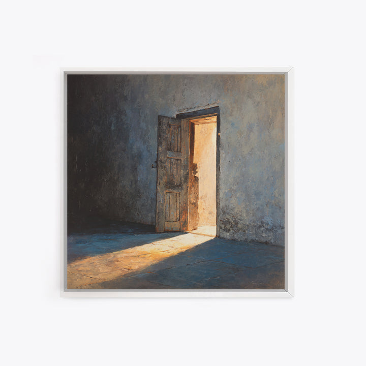 Sunlit Open Door Textured Wall Art Framed Canvas Print, Minimalist Rustic Decor, Moody Wall Art For Entryway Or Living Room
