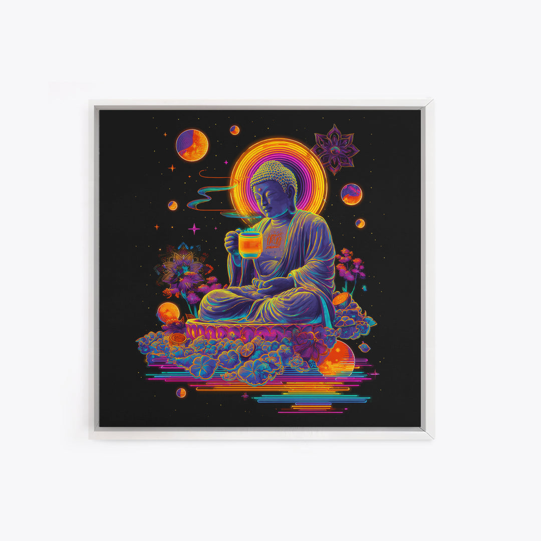 Colorful Neon Buddha With Celestial Elements Wall Art Canvas Print Spiritual Modern Home Decor Gift