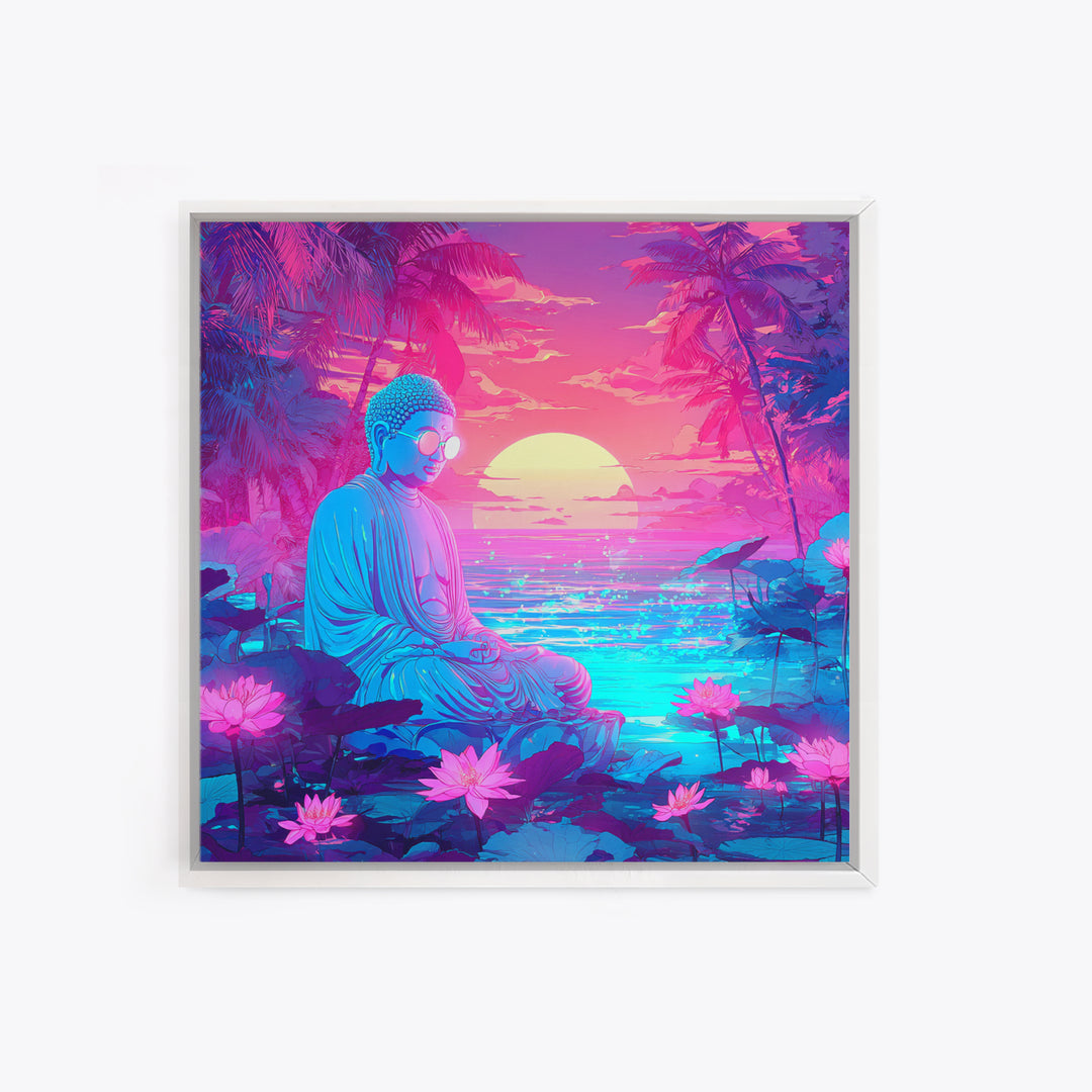 Neon Buddha Meditating By Futuristic Ocean Sunset Wall Art, Psychedelic Zen Lotus Canvas Print