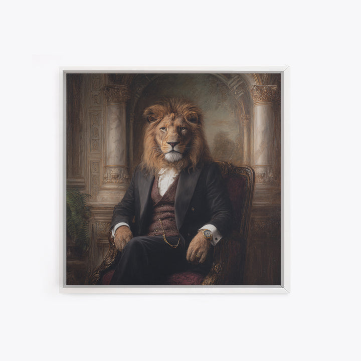 Regal Lion Gentleman Portrait Wall Art, Dark Academia Animal Painting, Victorian Library Decor, Luxury Masculine Office Decor