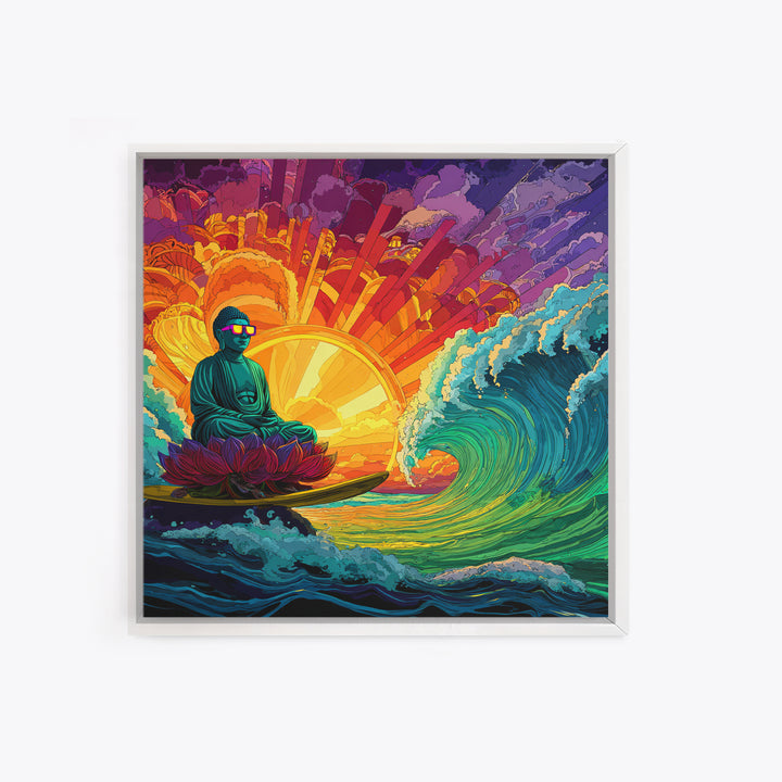 Psychedelic Surfing Buddha In Neon Sunset Waves Wall Art, Trippy Spiritual Canvas Print, Modern Boho Home Decor