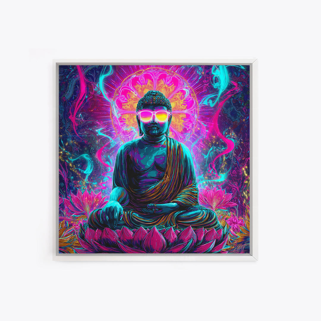 Neon Psychedelic Buddha Sitting On Lotus Flower Spiritual Wall Art Canvas Print Bright Vibrant Home Decor