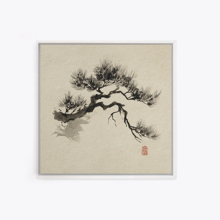 Japanese Ink Pine Tree Wall Art, Minimal Sumi E Landscape Framed Canvas Print, Wabi Sabi Zen Decor For Calm Modern Home Or Office