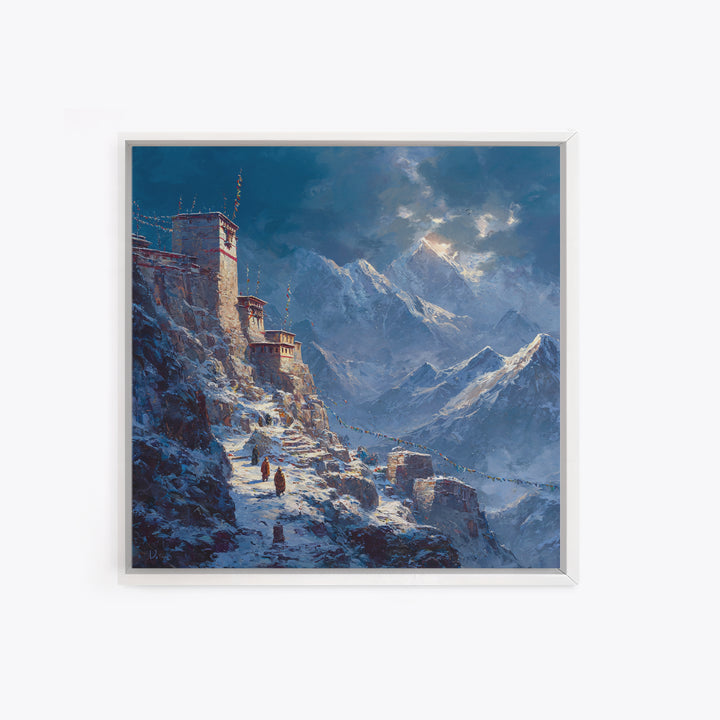 Himalayan Monastery Mountain Snow Wall Art, Dramatic Winter Landscape Canvas Print, Moody Travel Home Decor