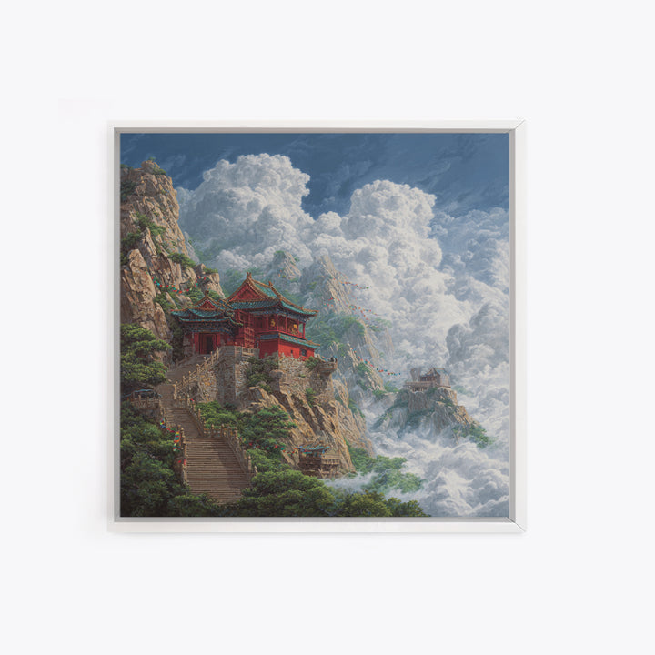 Temple Above The Clouds Fantasy Mountain Landscape Wall Art, Asian Inspired Nature Home Decor, Large Canvas Print