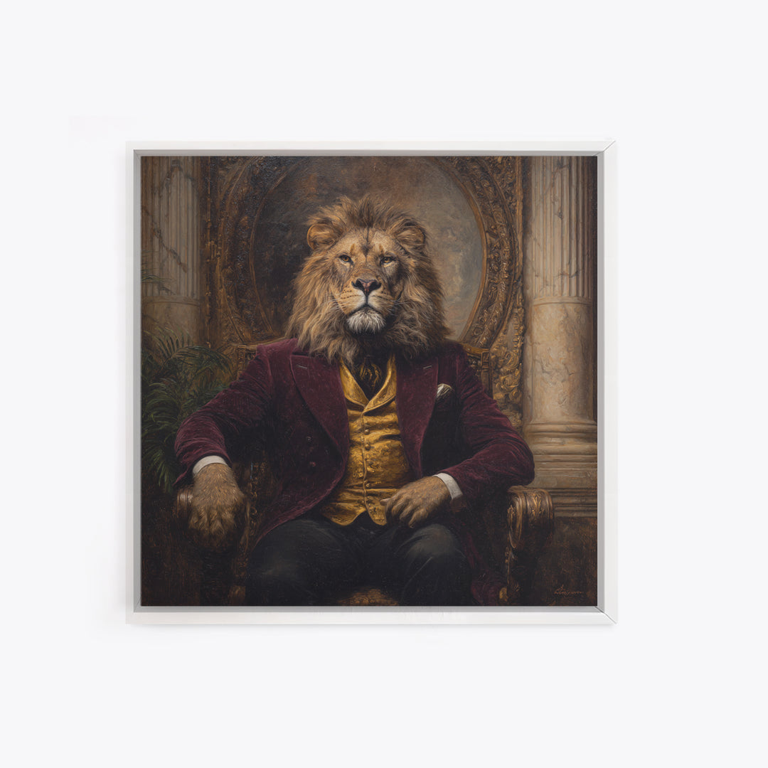 Majestic Lion In Burgundy Suit Framed Canvas Print, Victorian Animal Portrait, Dark Academia Office Decor, Luxury Wall Decor