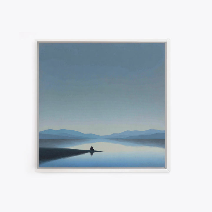 Minimalist Lake Meditation Landscape Wall Art, Calming Blue Mountains Canvas Print, Modern Living Room Decor Artwork