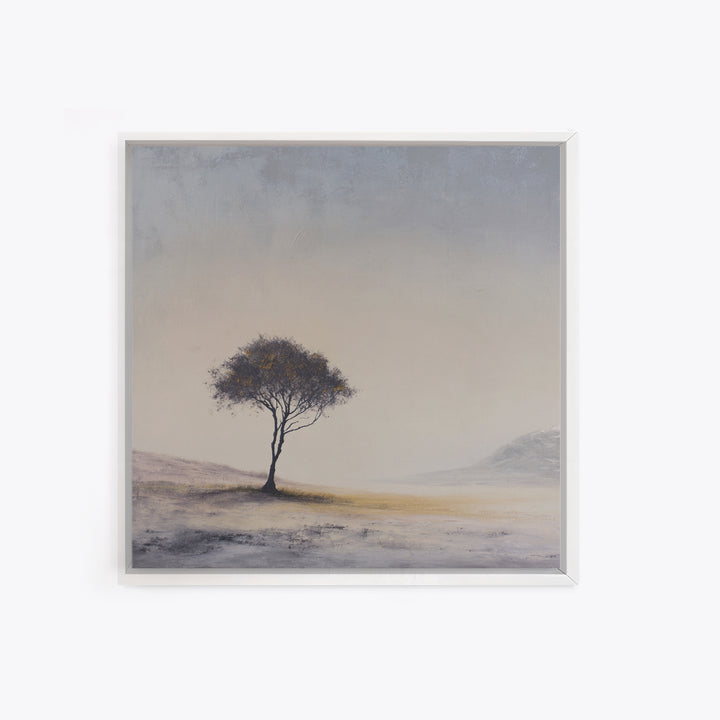 Soft Neutral Lone Tree Landscape Wall Art, Minimal Abstract Beige Canvas Print, Calming Wabi Sabi Earth Tone Decor