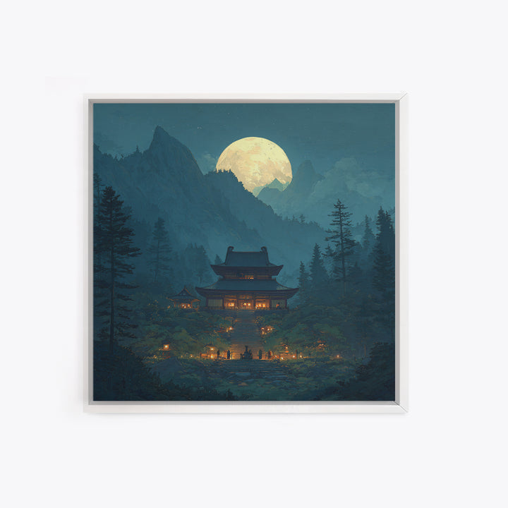 Moonlit Mountain Temple Landscape Wall Art Large Framed Canvas Print For Zen Meditation Room And Mystical Home Decor