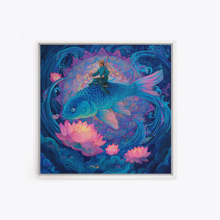 Surreal Fisherman Riding Koi Fantasy Art Wall Art, Celestial Mandala Canvas Print, Mystical Ocean Decor Whimsical Illustration